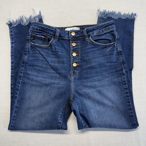 KanCan High-Rise Button Fly Frayed Hem Stretch Straight Blue Denim Women's Jeans - Picture 3 of 9